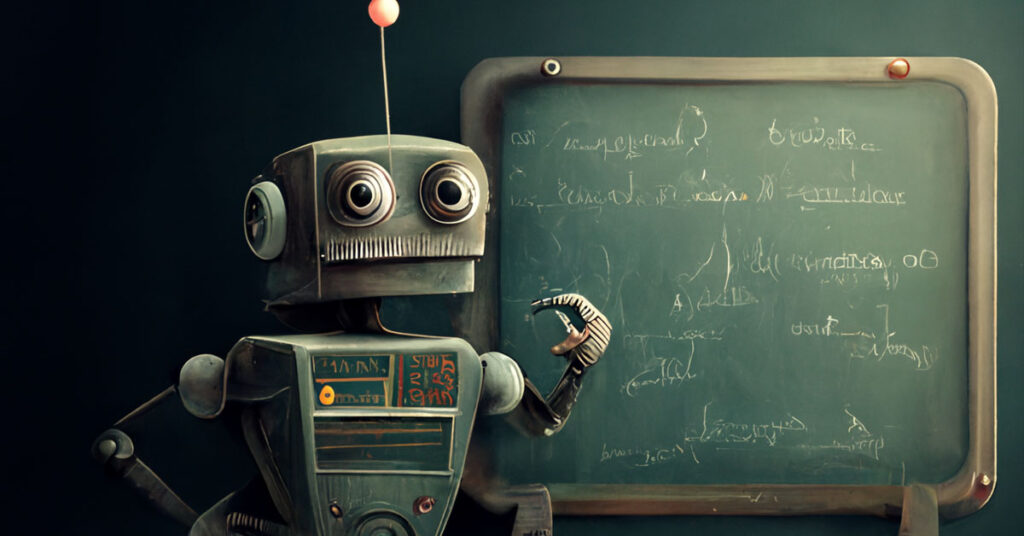 a robot standing in front of a board representing navigating ai in education