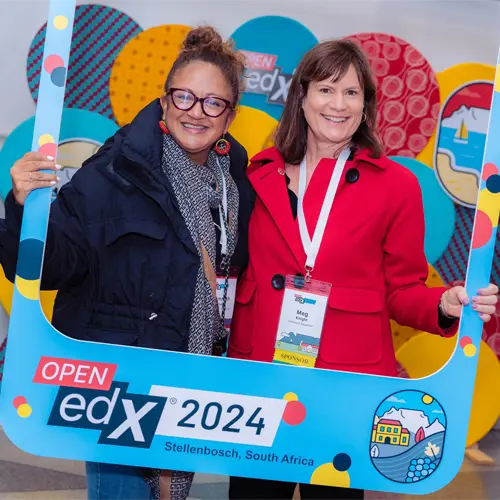 Meg Knight with one of the conference organizers at the Open edX Conference