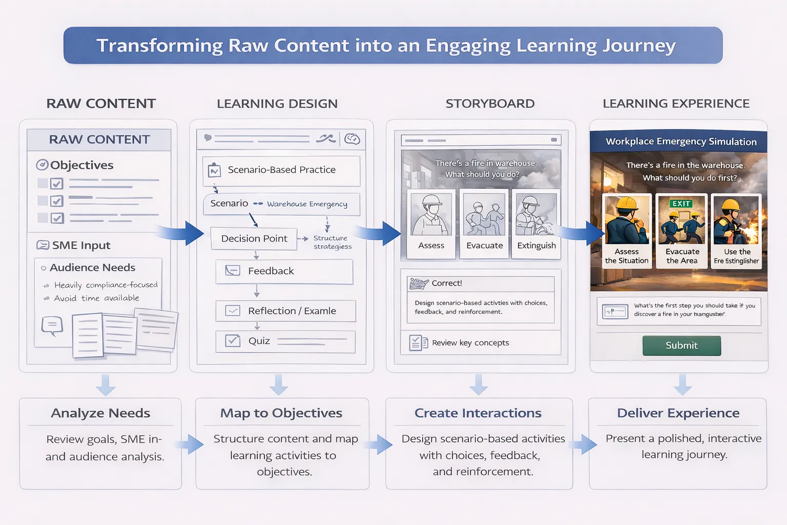 Diagram titled “Transforming Raw Content into an Engaging Learning Journey” showing a left-to-right process with four stages: Raw Content, Learning Design, Storyboard, and Learning Experience. Raw Content includes objectives, SME input, and audience needs. Learning Design maps objectives into scenario-based practice with decision points, feedback, reflection, and a quiz. The Storyboard presents a warehouse fire scenario with choices to assess, evacuate, or extinguish, plus feedback and review. The final Learning Experience shows an interactive workplace emergency simulation where learners choose actions and submit a response.